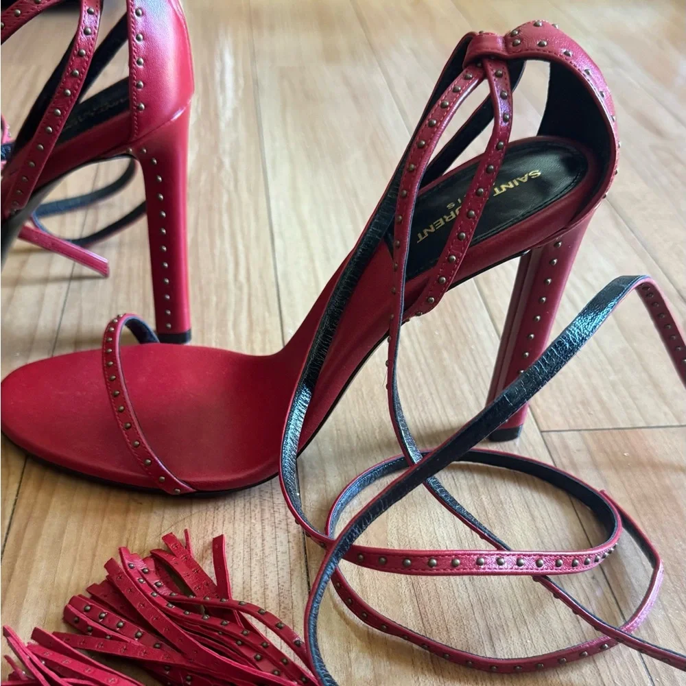 Saint Laurent Red Studded Leather Lace-Up Heels - Picture 2 of 6